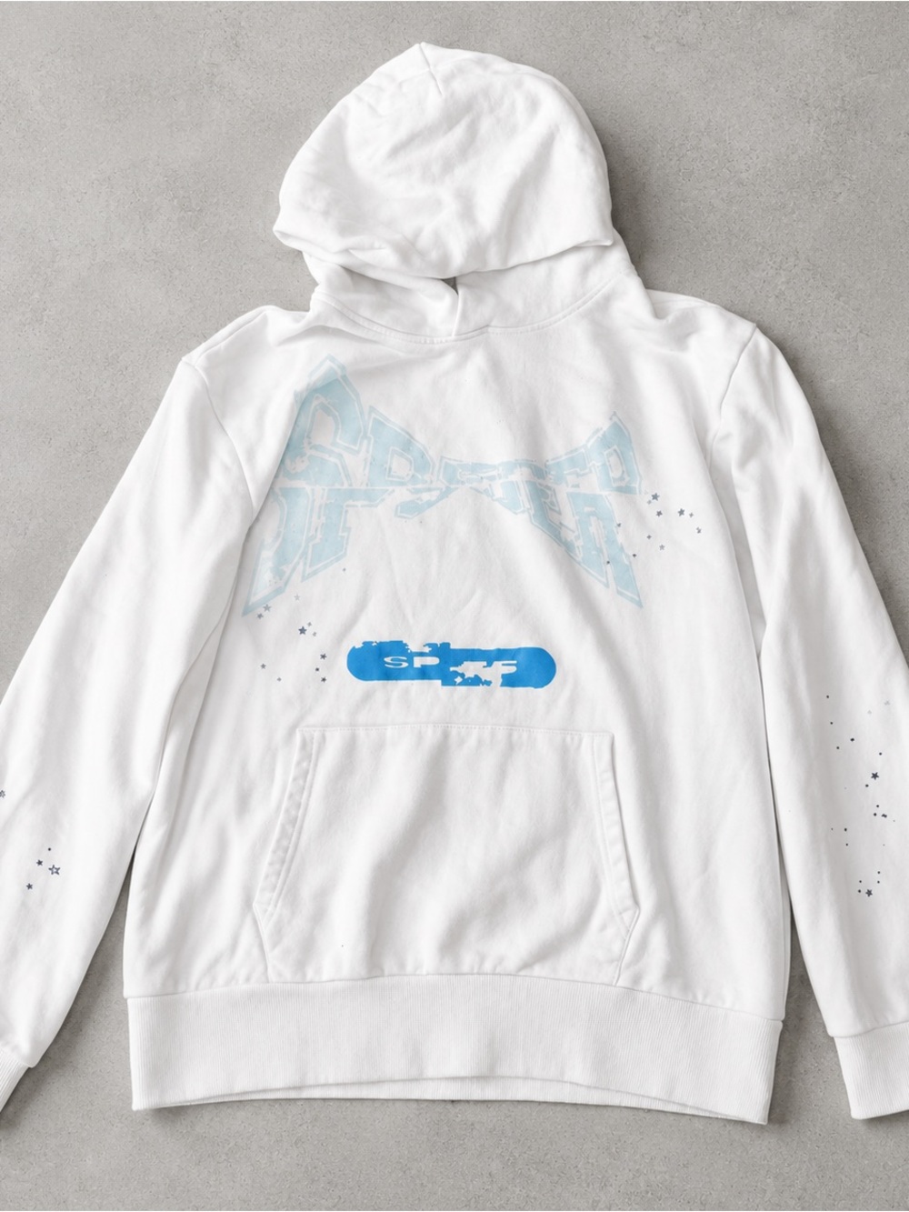 White Graphic Pullover Hoodie with Light Blue Accents